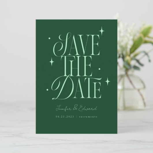 Whimsical Stars Emerald Green Save the Date (Stehend Vorderseite)