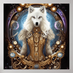 Whimsical steampunk charmanter weißer Wolf Poster