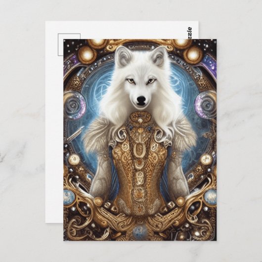 Whimsical steampunk charmanter weißer Wolf Postkarte (Vorne/Hinten)