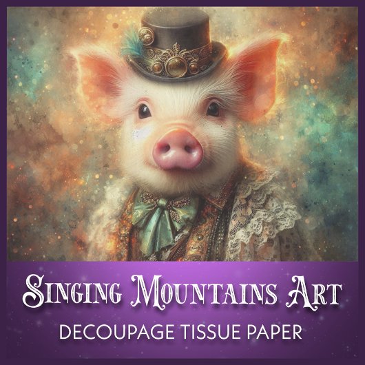 Whimsical Steampunk Pig in Top Hat Decoupage Seidenpapier