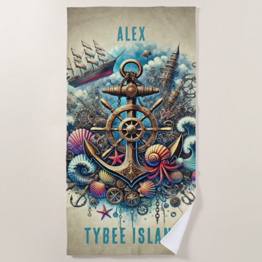 WHIMSICAL STEAMPUNK TIEF SHIPS WHEEL/ANCHOR STRANDTUCH (Vorderseite)