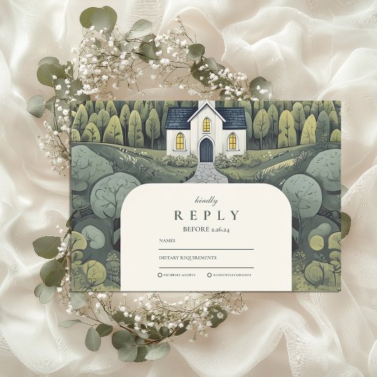Whimsical Storybook Forest Kapelle Hochzeit RSVP Karte