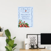 Whimsical Strawberry Blue Baby Shower Welcome Sign Poster (Heimbüro)