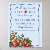 Whimsical Strawberry Blue Baby Shower Welcome Sign Poster (Vorne)