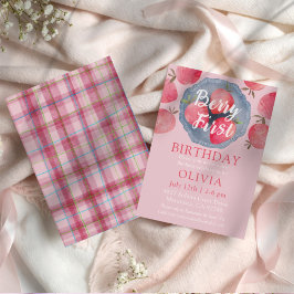 Whimsical Strawberry Pink 1st Birthday Watercolor  Einladung