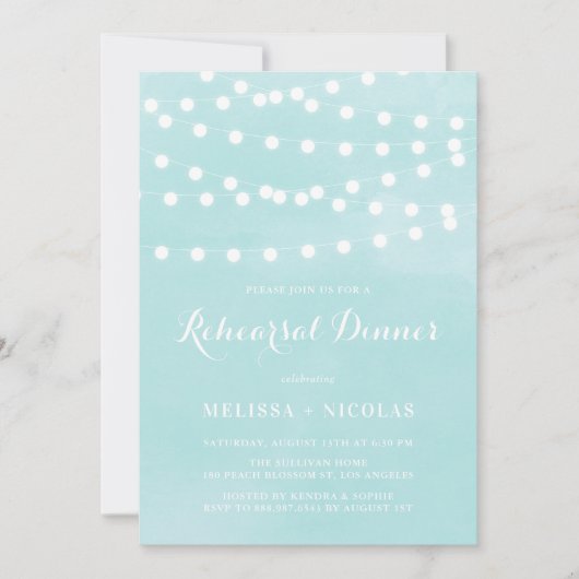 Whimsical String Lights Aqua Probe Abendessen Einladung (Vorderseite)