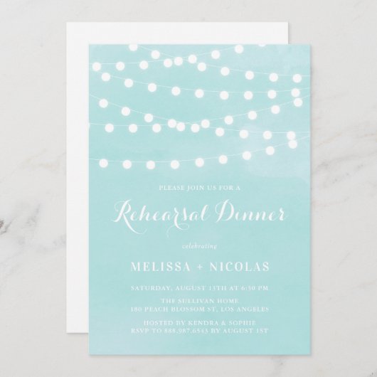 Whimsical String Lights Aqua Probe Abendessen Einladung (Vorne/Hinten)