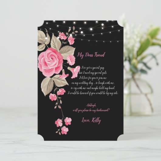 Whimsical String Lights Blac wird meine Brautjungf Einladung (Stehend Vorderseite)