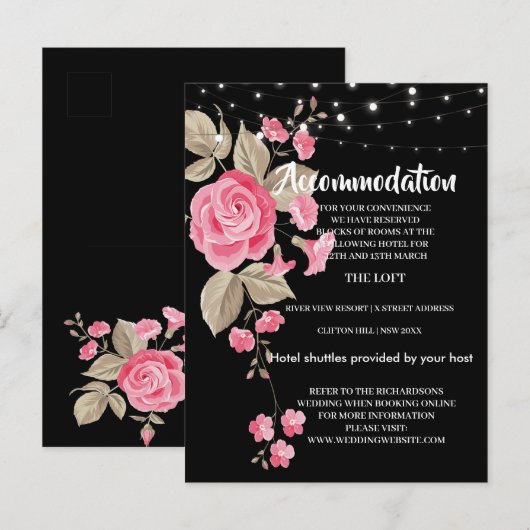 Whimsical String Lights Black Accommodation Card Ankündigungspostkarte (Vorne/Hinten)