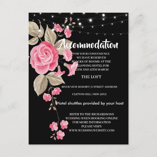 Whimsical String Lights Black Accommodation Card Ankündigungspostkarte (Vorderseite)
