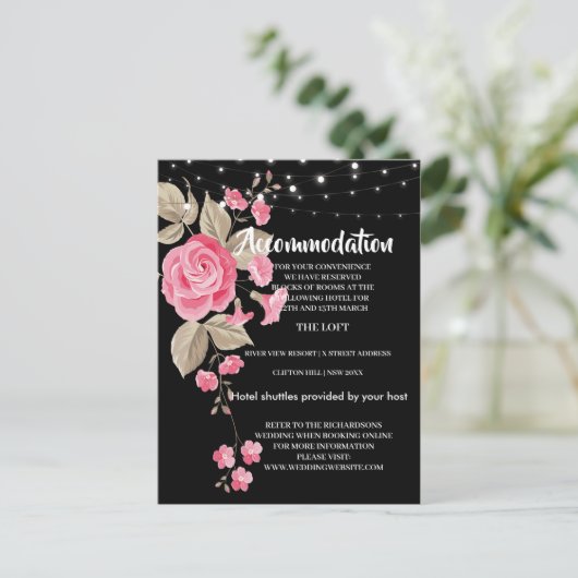 Whimsical String Lights Black Accommodation Card Ankündigungspostkarte (Stehend Vorderseite)
