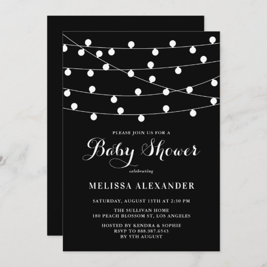 Whimsical String Lights Black Baby Dusche Einladung (Vorne/Hinten)
