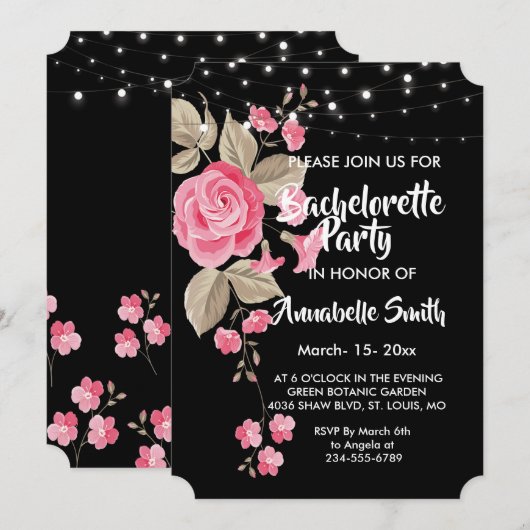 Whimsical String Lights Black Bachelor Einladung (Vorne/Hinten)