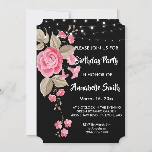 Whimsical String Lights Black Birthday Party Einladung (Vorderseite)