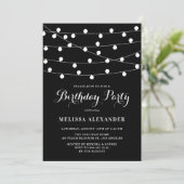 Whimsical String Lights Black Birthday Party Einladung (Stehend Vorderseite)