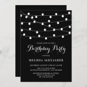 Whimsical String Lights Black Birthday Party Einladung (Vorne/Hinten)
