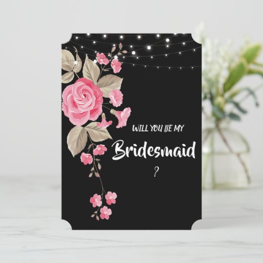 Whimsical String Lights Black Bridesmaid Einladung (Stehend Vorderseite)