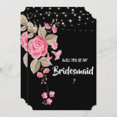 Whimsical String Lights Black Bridesmaid Einladung (Vorne/Hinten)