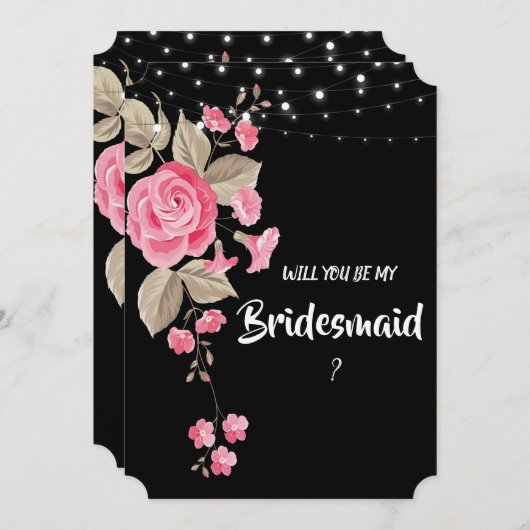 Whimsical String Lights Black Bridesmaid Einladung (Vorne/Hinten)