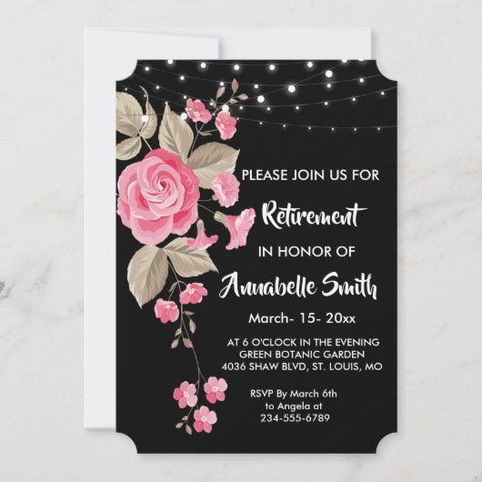 Whimsical String Lights Black Retirement Einladung (Vorderseite)
