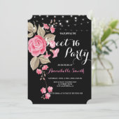 Whimsical String Lights Black Sweet 16 Einladung (Stehend Vorderseite)