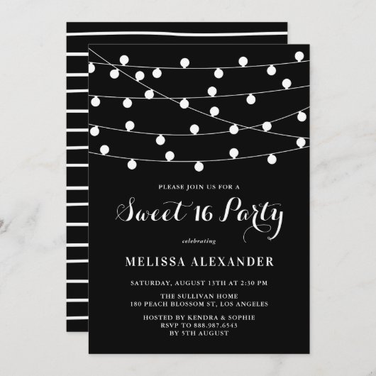 Whimsical String Lights Black Sweet 16 Party Einladung (Vorne/Hinten)