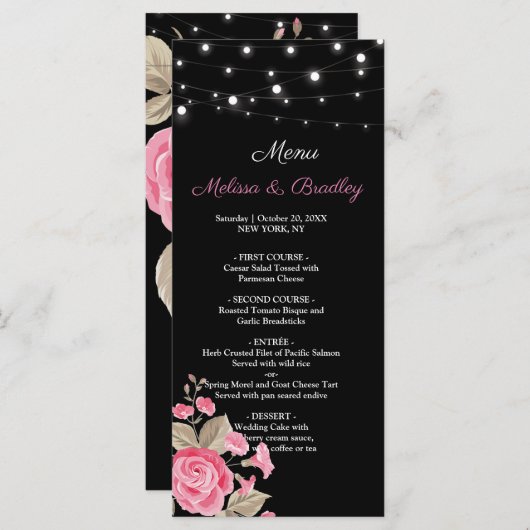 Whimsical String Lights Black Wedding Menu Programm (Vorne/Hinten)