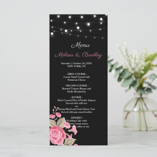 Whimsical String Lights Black Wedding Menu Programm (Stehend Vorderseite)