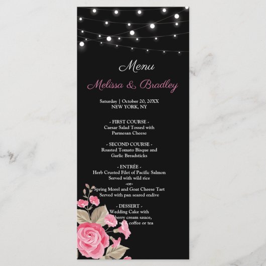 Whimsical String Lights Black Wedding Menu Programm (Vorderseite)