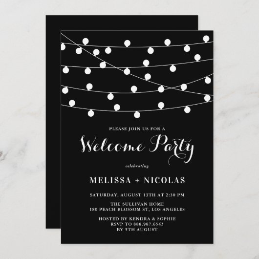 Whimsical String Lights Black Welcome Party Einladung (Vorne/Hinten)
