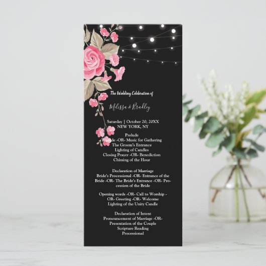 Whimsical String Lights Black Zeremonie Programs Programm (Stehend Vorderseite)