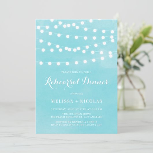 Whimsical String Lights Blue Probe Dinner Einladung (Stehend Vorderseite)