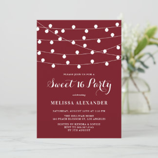 Whimsical String Lights Burgundy Sweet 16 Party Einladung
