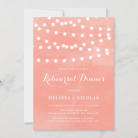 Whimsical String Lights Coral Probe Abendessen Einladung (Vorderseite)
