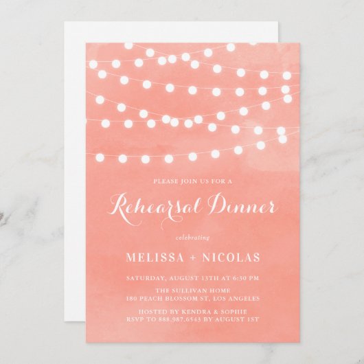 Whimsical String Lights Coral Probe Abendessen Einladung (Vorne/Hinten)
