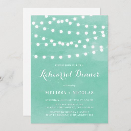 Whimsical String Lights Green Probe Dinner Einladung (Vorne/Hinten)