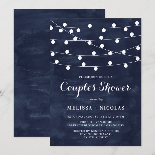 Whimsical String Lights Navy Blue Couples Dusche Einladung (Vorne/Hinten)