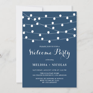 Whimsical String Lights Navy Blue Welcome Party Einladung