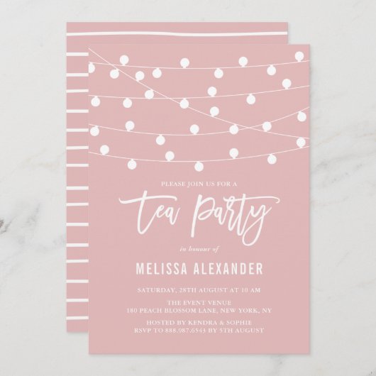 Whimsical String Lights Pink Tee Party Einladung (Vorne/Hinten)