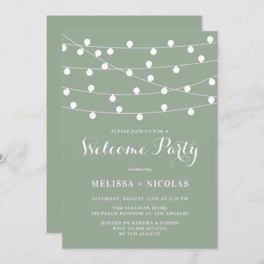 Whimsical String Lights Sage Green Welcome Party Einladung (Vorne/Hinten)