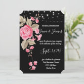 Whimsical String Lights Schwarze Hochzeit Einladung (Stehend Vorderseite)