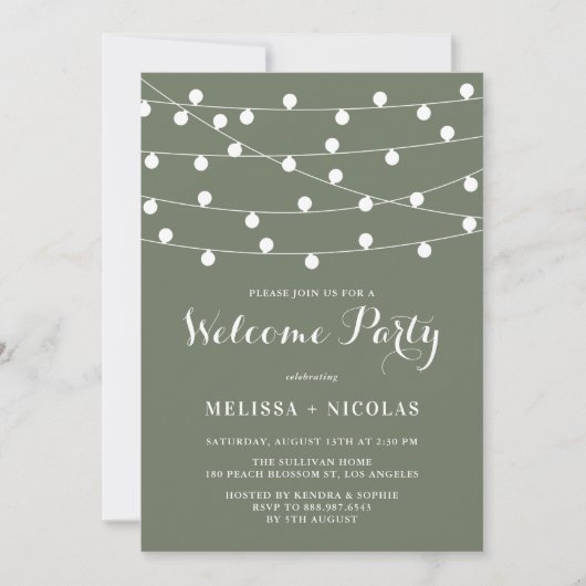 Whimsical String Lights Taupe Green Welcome Party Einladung (Vorderseite)
