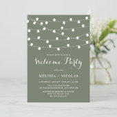 Whimsical String Lights Taupe Green Welcome Party Einladung (Stehend Vorderseite)