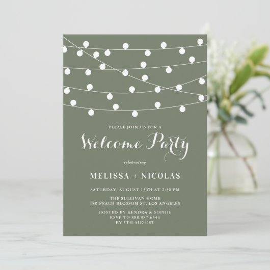 Whimsical String Lights Taupe Green Welcome Party Einladung (Stehend Vorderseite)