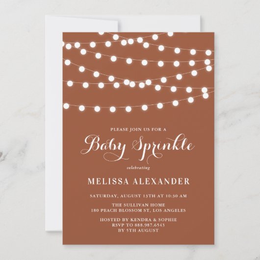Whimsical String Lights Terracotta Baby Sprinkle Einladung (Vorderseite)