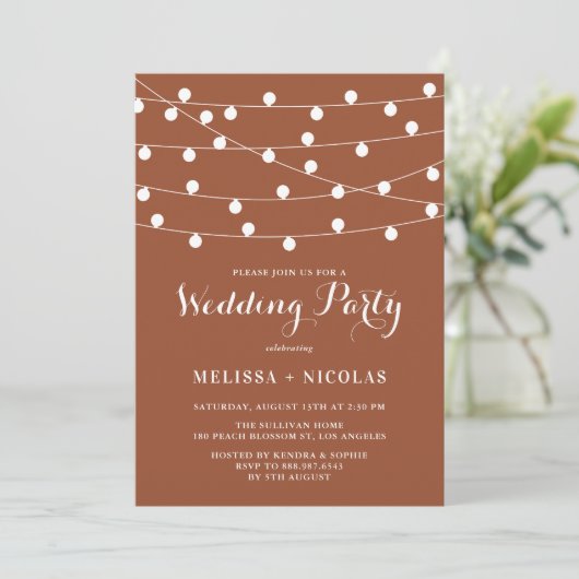 Whimsical String Lights Terracotta Wedding Party Einladung (Stehend Vorderseite)