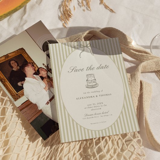 Whimsical Stripe Green Wedding Save the Date Einladung