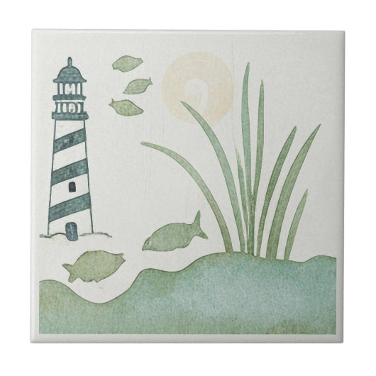 Whimsical Striped Lighthouse and Fish ID1206 Fliese (Vorderseite)