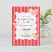 Whimsical Stripes and Hearts Valentines Day Party Einladung (Stehend Vorderseite)