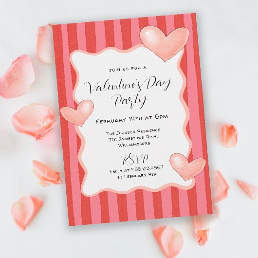 Whimsical Stripes and Hearts Valentines Day Party Einladung